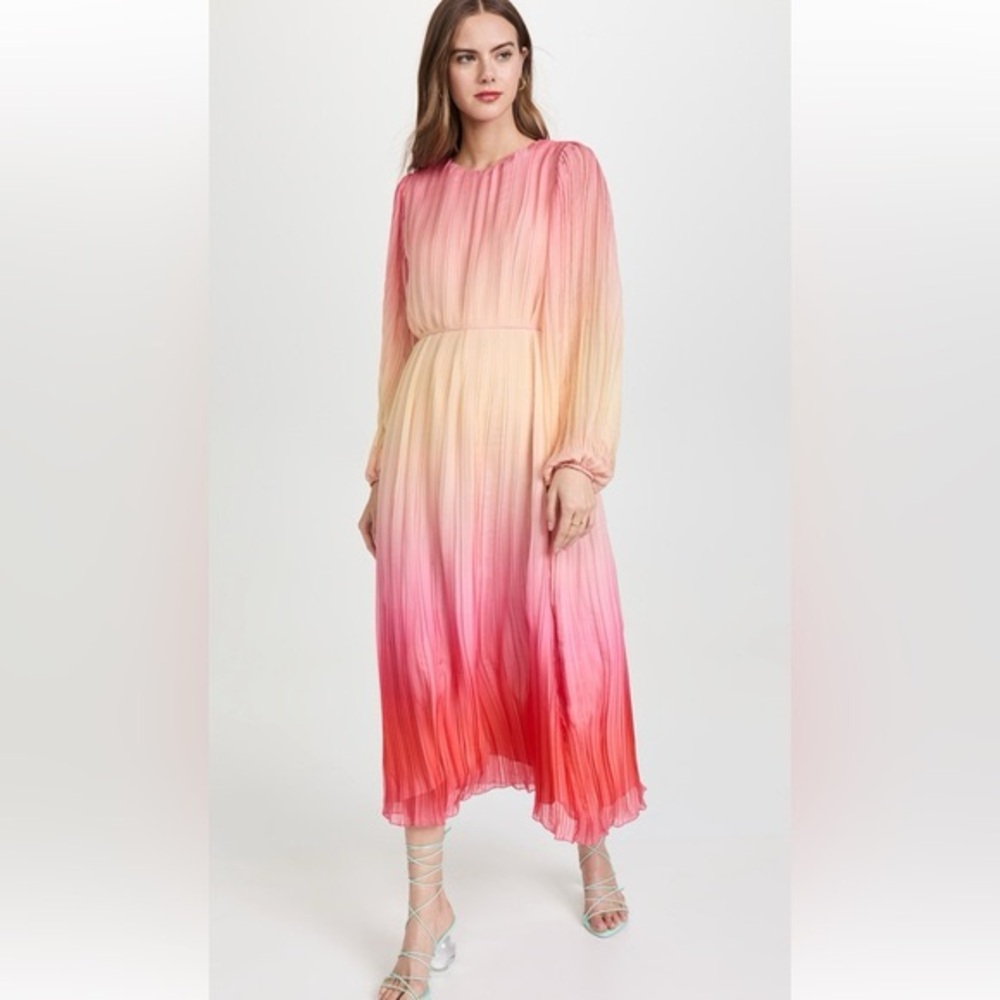 New Something Navy Maxi Dress‎ Pleated Tie Waist Long Sleeve pink combo ombré M